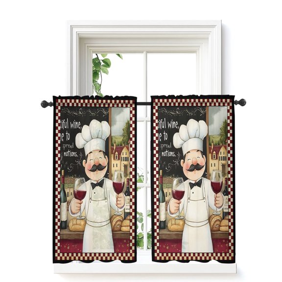 Farmhouse Chef Curtains 45 Inch Length,Sheer Curtains for Bedroom Living Room Window Vintage Bountiful Wine Bakery Red Plaid Rod Pocket Drapes Kitchen Curtains Small Half Window 42"x45" 2 Panels