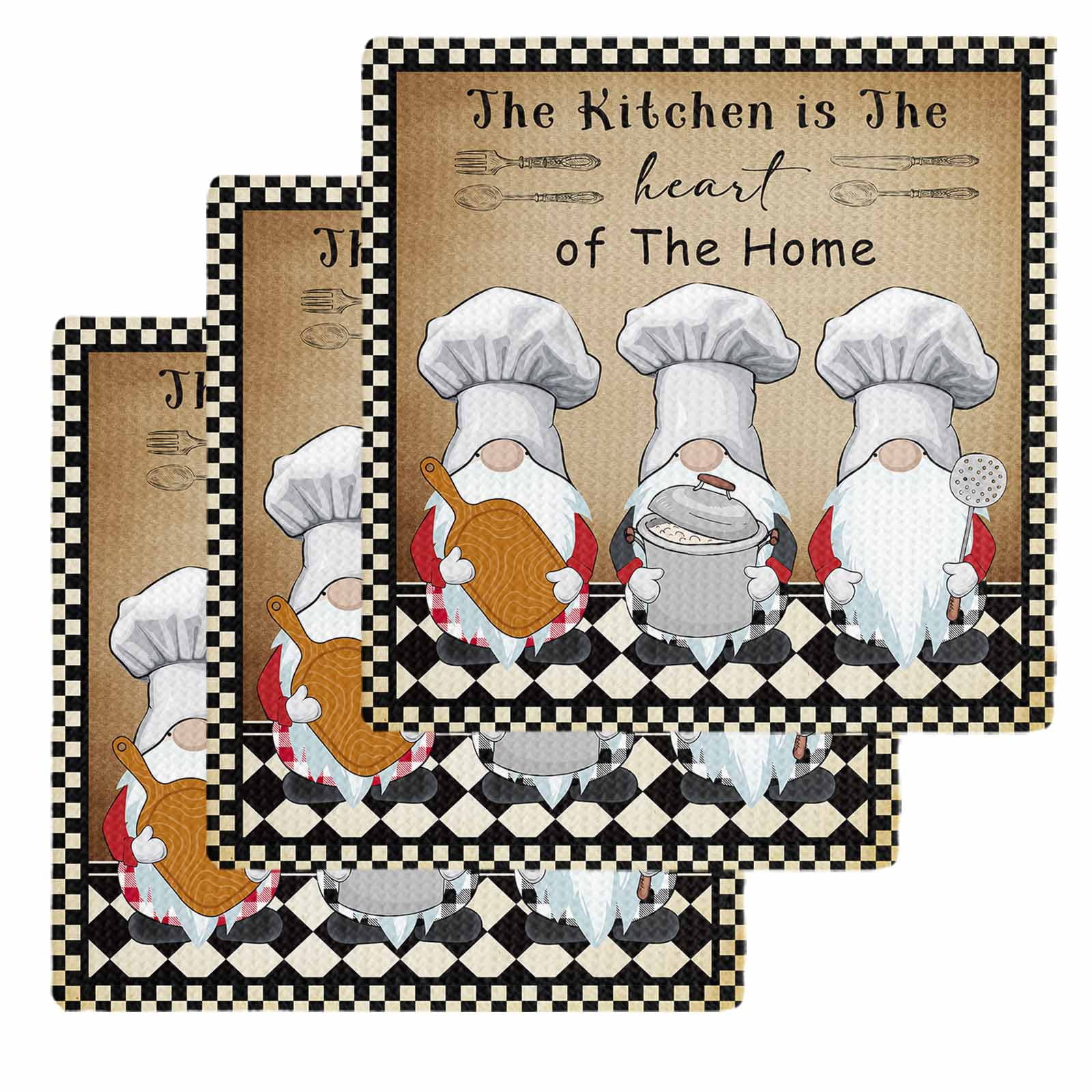 Farmhouse Chef Gnomes Dish Towels Set, Waffle Weave Kitchen Towels 3 Pieces, Vintage Black White Plaid Microfiber Hair Face Bath Tea Towel Absorbent Quick Drying Cleaning Dish Cloths, 12"x12"