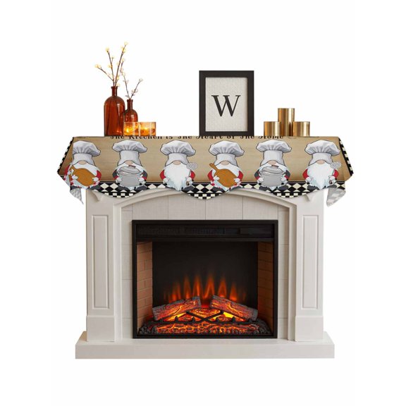 Farmhouse Chef Gnomes Fireplace Mantel Scarf Cover 60"Wx17"L,Fireplace Mantel Shelf Top Runner,Vintage Black White Plaid Mantle Dresser Scarves Table Runner for Holiday Party Living Room Decorations
