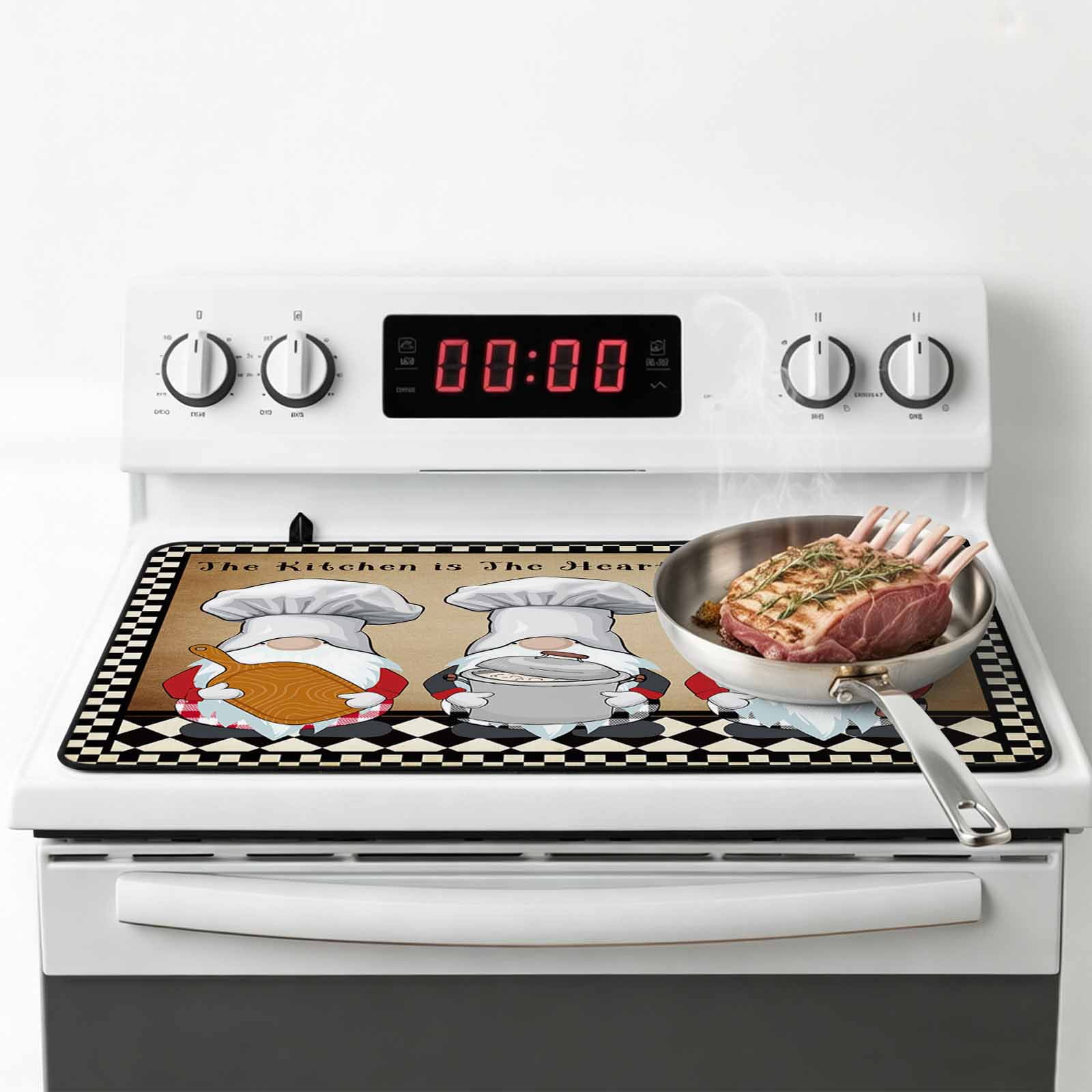Farmhouse Chef Gnomes Stove Top Cover for Electric Stove, Heat-proof & Non Slip Glass Top Stove Cover Protector, Vintage Black White Plaid Kitchen Flat Cooktop Rubber Mat 31x24 Inches