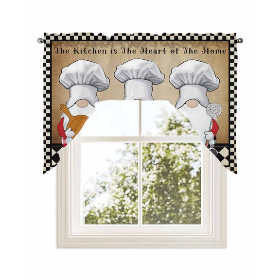 Farmhouse Chef Gnomes Swag Valance for Windows 56'' x 36'', Vintage Black White Plaid Light Filtering Kitchen Curtains Valances for Bathroom/Living Room/Bedroom/Café, Rod Pocket Curtain Panel