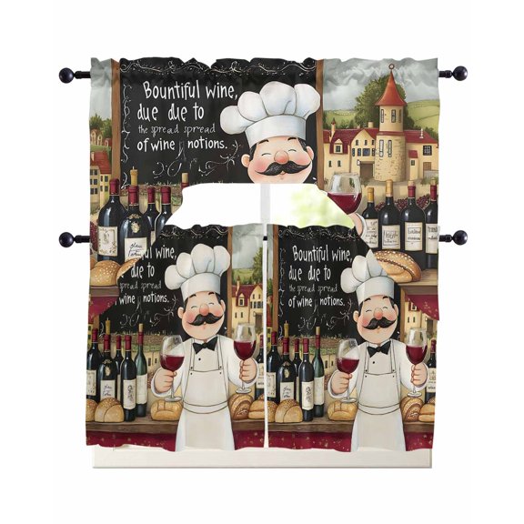Farmhouse Chef Kitchen Curtains Sets 24 Inch Length with Valance, Vintage Kitchen Bountiful Wine Bakery Swag Valances and Tiers Curtain Set Drapes Swag Curtains for Living Room, Bathroom, Cafe