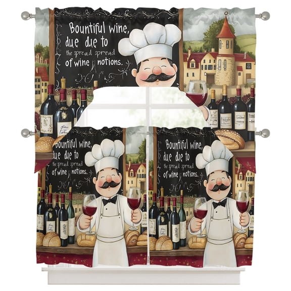 Farmhouse Chef Kitchen Curtains Swag Valance and Tier Curtains Set 24 Inch Length, Vintage Kitchen Bountiful Wine Bakery Rod Pocket Drape Panels Pair Swag Curtains for Bathroom/Cafe/Window