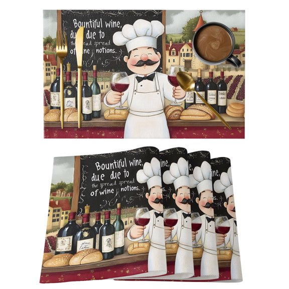 Farmhouse Chef Placemats Set of 2 Vintage Kitchen Bountiful Wine Bakery Place Mats Indoor Wipeable Table Mats Washable Cloth Dining Table Placemats for Kitchen Holiday Party Home Decor 13x19 Inch