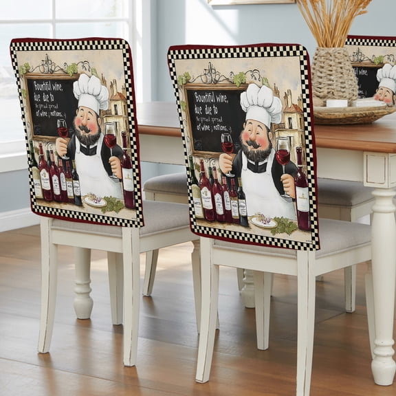 Farmhouse Chef Red Wine Chair Covers Set of 8 Rustic Cooking Theme Buffalo Check Chair Back Covers Stretch Removable Washable Slipcovers Protector for Dining Room Kitchen Party Decor