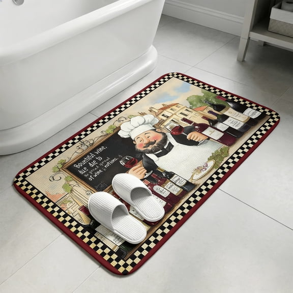 Farmhouse Chef Red Wine Door Mat,Indoor Outdoor Welcome Doormat Rustic Cooking Theme Buffalo Check Absorbent Linen Front Door Mats Non-Slip Entrance Rug for Kitchen Bathroom Entryway,16x24in