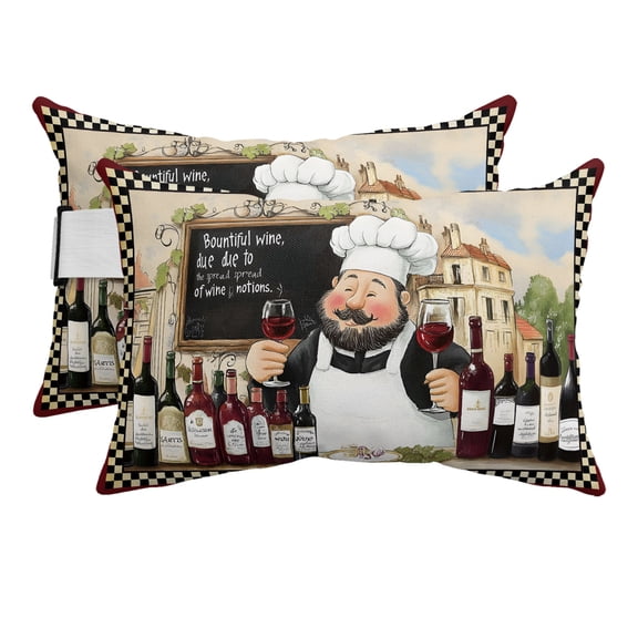 Farmhouse Chef Red Wine Outdoor Pillow for Chaise Lounge Chair,Rustic Cooking Theme Buffalo Check Waterproof Headrest Lumbar Pillows with Insert&Elastic Strap for Patio Pool Garden Chairs,2 Pack