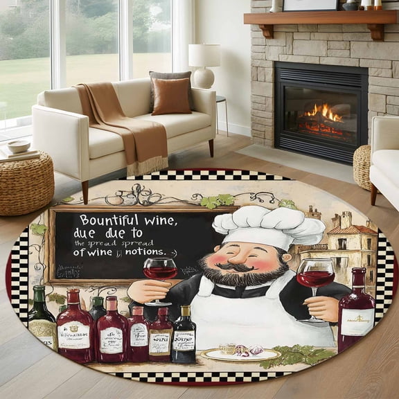 Farmhouse Chef Red Wine Round Rug 5ft Rustic Cooking Theme Buffalo Check Washable Area Rugs for Living Room Bedroom Entryway Non Slip Entrance Door Mat Indoor Floor Carpet