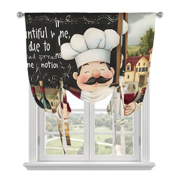 Farmhouse Chef Tie Up Curtains for Window, Thermal Insulated Balloon Shade Adjustable Rod Pocket Curtains Valance Panels for Kitchen Bathroom Cafe 34 x 45 Vintage Kitchen Bountiful Wine Bakery