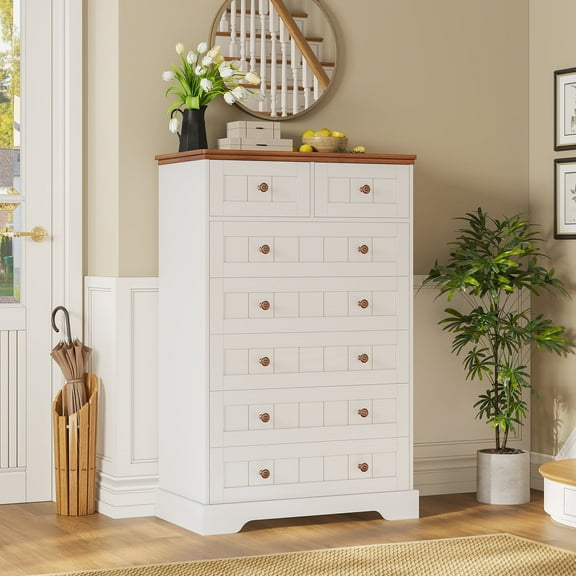 Farmhouse Chest of Drawer, White Dresser with 6 Drawers for Bedroom, 51" Tall 7 Drawer Dresser Storage Organizer with Knobs for Living Room Hallway Entryway