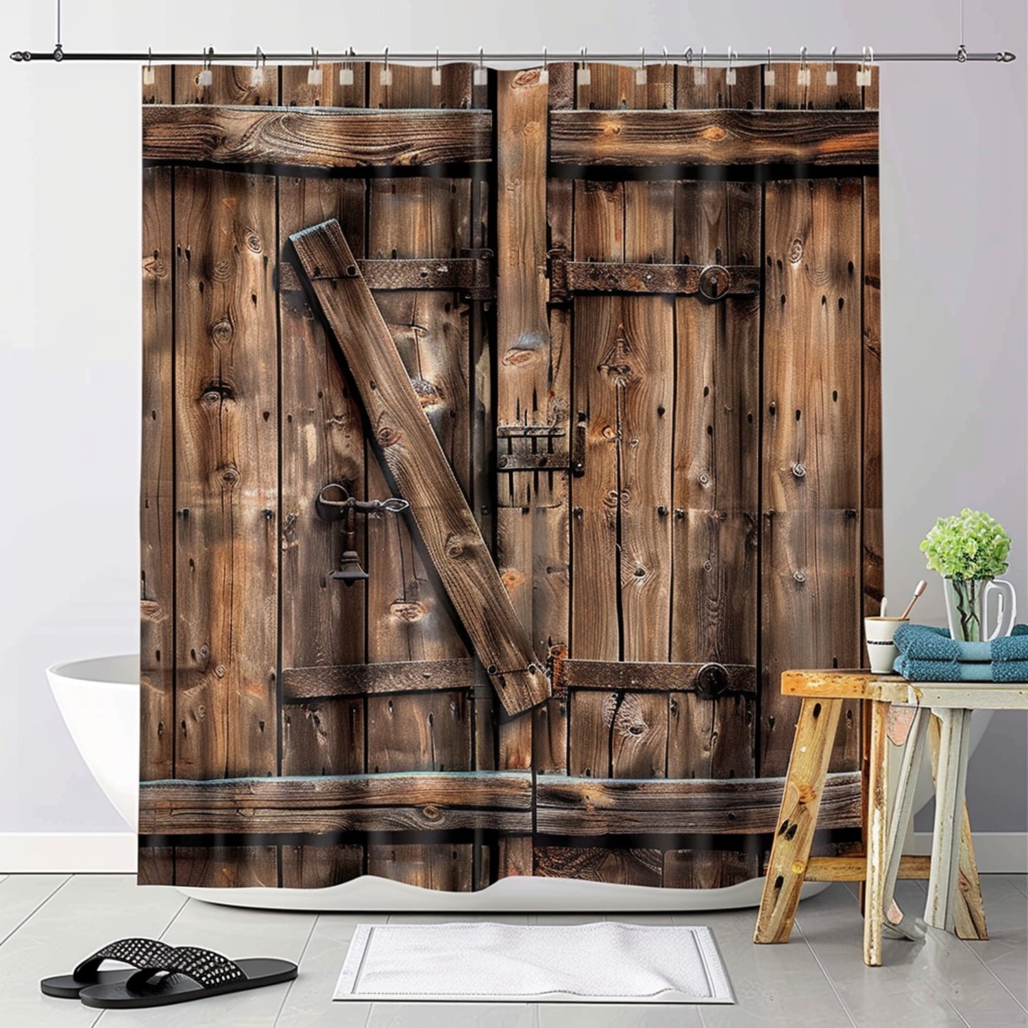 Farmhouse Chic Bathroom Set: Rustic Barn Door Shower Curtain with ...