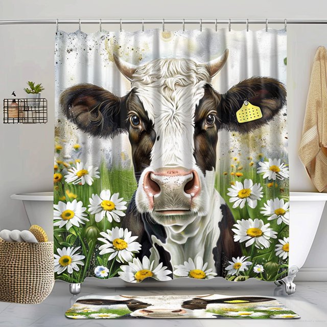 Farmhouse Chic Cow Print Shower Curtain Set with Floral Accents in