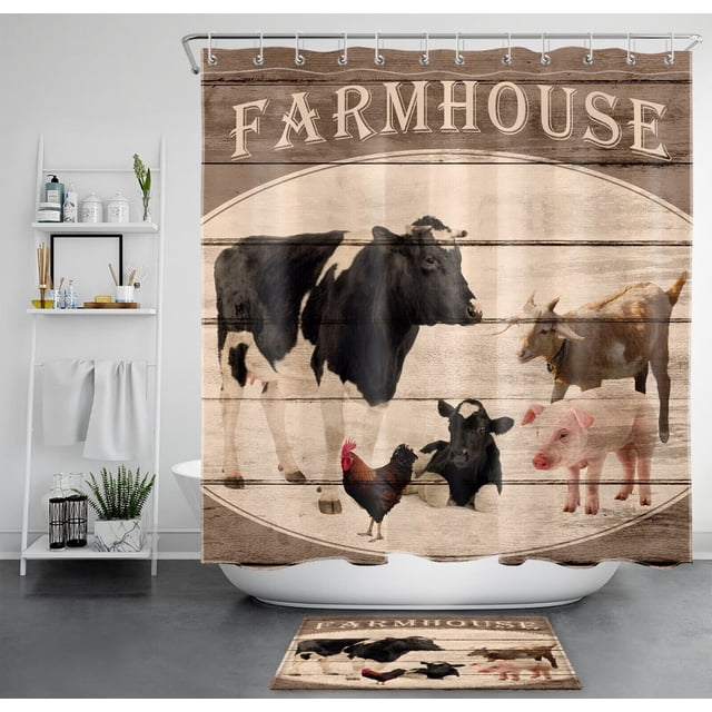 Farmhouse Chic Cow Shower Curtain Set for Rustic Bathroom Decor Retro