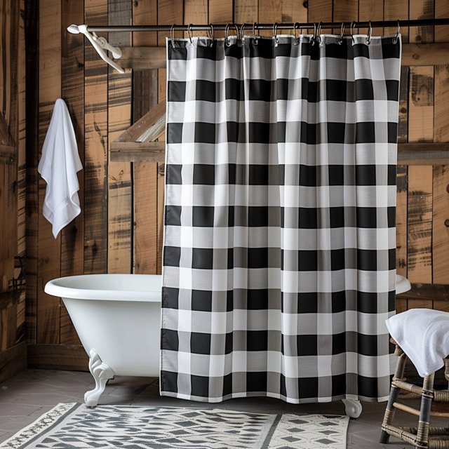 Farmhouse Chic Gingham Shower Curtain Set with Clawfoot Tub Rustic