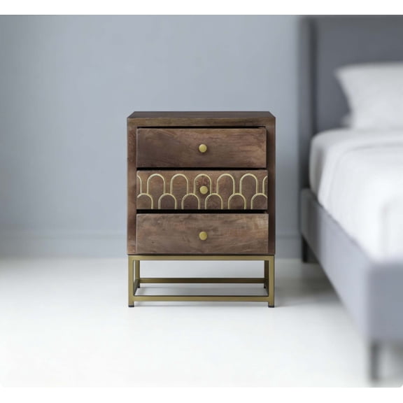 Farmhouse Chic Vintage Nightstand, Antique Style 3-Drawer Bedside Table in Mango Wood, Gold Accents for Bedroom