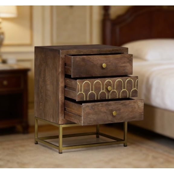 Farmhouse Chic Vintage Nightstand, Antique Style Bedside Table with 3 Soft-Close Drawers, Solid Mango Wood