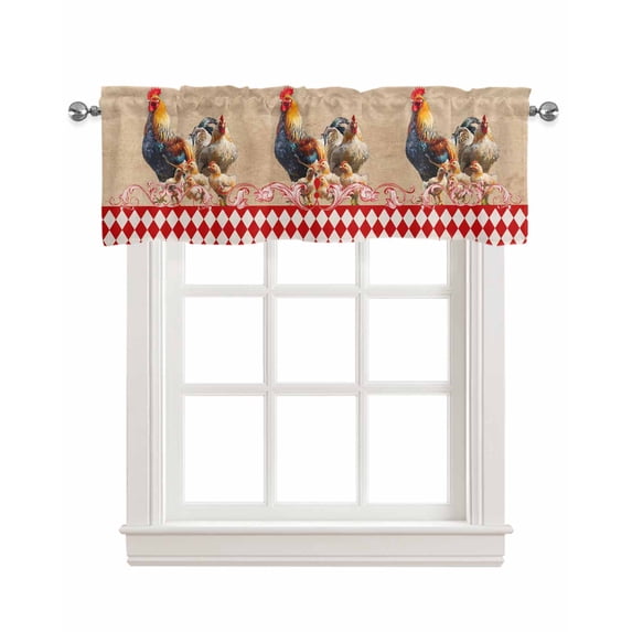Farmhouse Chick Linen Curtain Valance for Bedroom/Bathroom/Kitchen/Office/Living/Dining Room Window,Brown Plaid Retro Animal Rooster Pocket Topper Drapes Decorative Cafe Drapery Panel 42"x12"