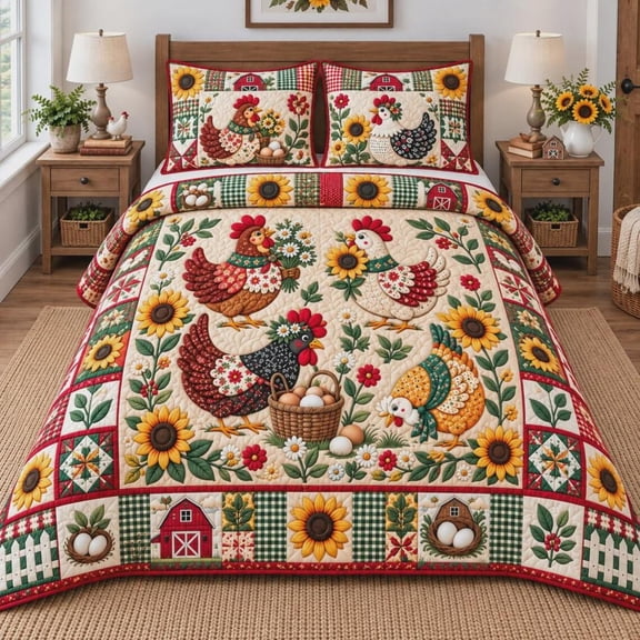 Farmhouse Chicken 3-Piece Quilted Bedding Set, Country Rooster Bedding