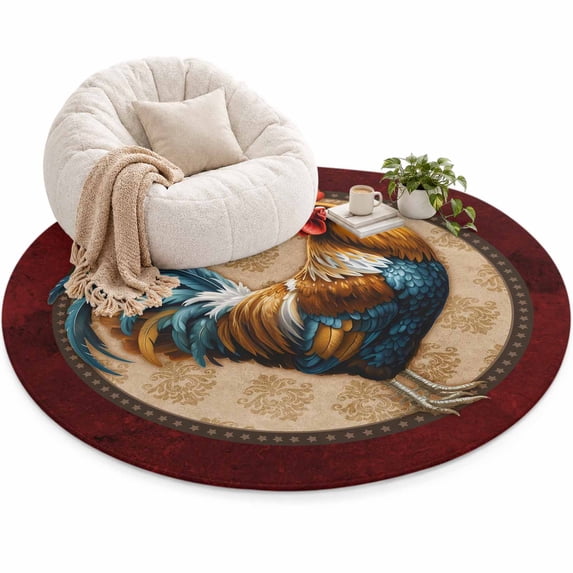 Farmhouse Chicken Area Rug 5', Retro Brown Floral Texture Dark Red Soft ...