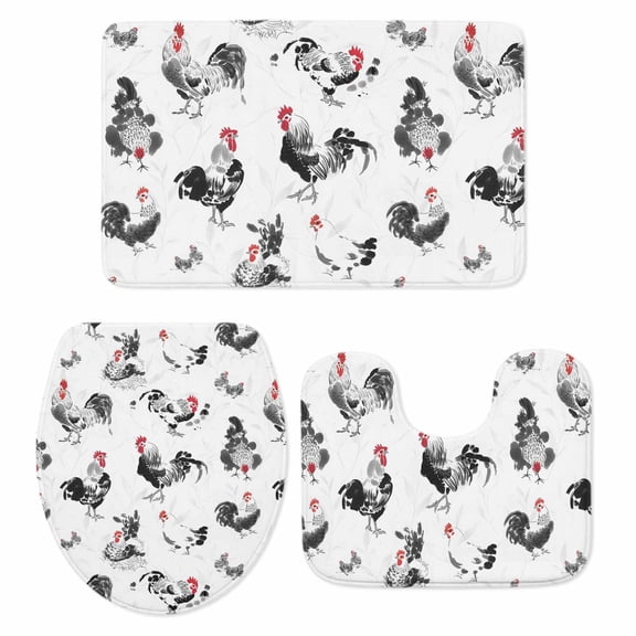 Farmhouse Chicken Bath Mat 3 Piece Bathroom Rug Set, Retro Pastoral Feathers Animal Non Slip Bath Rug Contour Mat and Toilet Lid Cover, Absorbent Shower Mats Soft Bath Rugs and Mats Sets