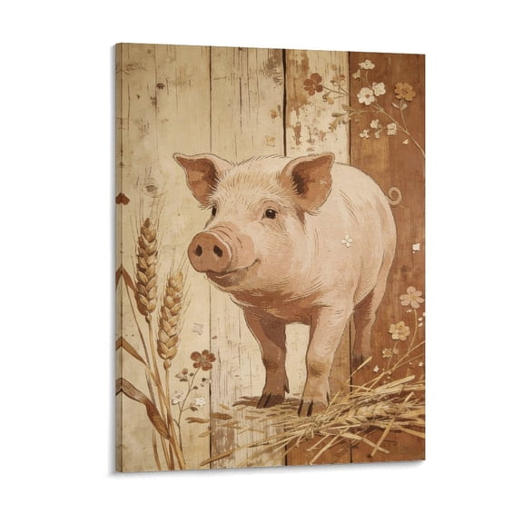 Rustic Farmhouse Pig Canvas Wall Art, Vintage Piglet Wheat Floral Print, Farm Animal Barn Framed Artwork for Kitchen Living Room