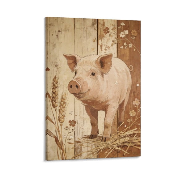 Farmhouse Chicken Canvas Wall Art Rustic Wooden Background with Wheat & Floral Accents, Country Kitchen Farm Animal Decor Print for Living Room Dining Room, Ready to Hang