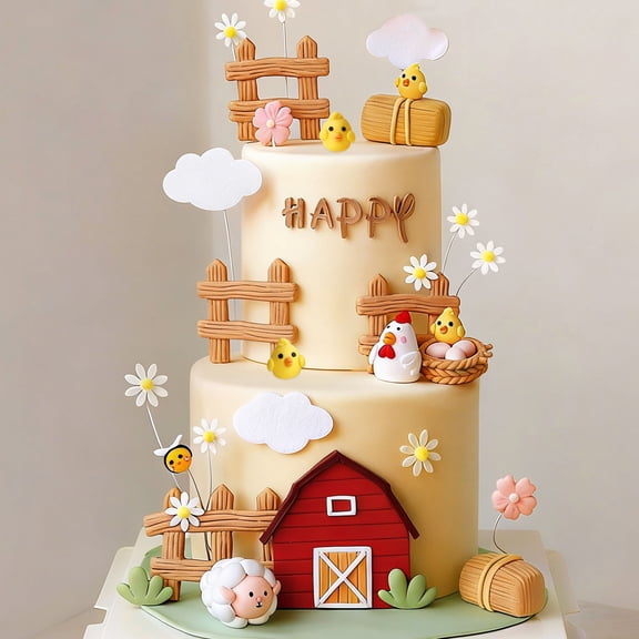 Farmhouse Chicken Coop Cake Decorations - Cute Farm Theme Party Decor Set