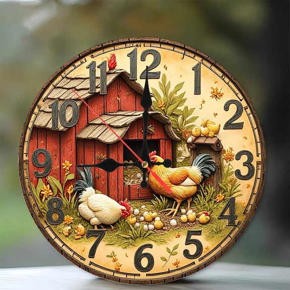 Farmhouse Chicken Coop Wall Clock Rustic Home Decor 10-Inch Silent Wooden Wall Clock, Battery Operated (AA Batteries Not Included), Artistic Home Decor