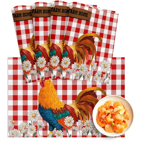Farmhouse Chicken Daisy PVC Placemat Set of 4 Non-Slip Heat-Resistant Washable PVC Table Mats Red Buffalo Plaid Vinyl Place Mats for Kitchen Dining BBQ Kids Patio Party Table