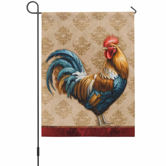 Farmhouse Chicken Garden Flag 12 x 18 Inches, Animal Rooster Retro Brown Floral Texture Weather Proof Outdoor Patio Flags Double Sided Small Garden Decoration for Yard Outside Home