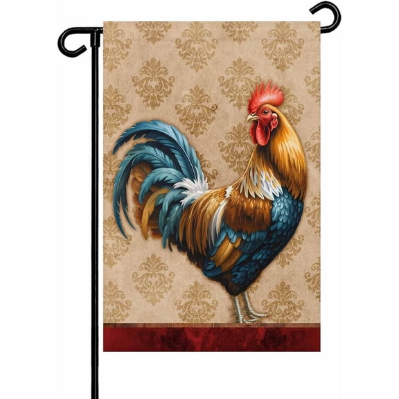 Farmhouse Chicken Garden Flag 12x18 Inch Animal Rooster Retro Brown Floral Texture Double Sided Yard Flags for Outdoor Decoration Welcome Flag Outside Holiday Home Garden Porch lawn Patio Sign