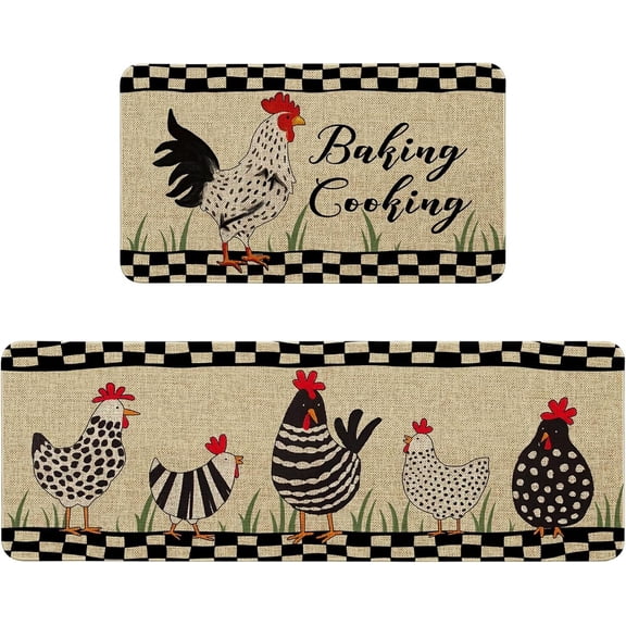 Farmhouse Chicken Kitchen Rugs Sets of 2 Non Slip Washable, Rustic Country Kitchen Mats for Floor 2 Piece, Rooster Chicken Kitchen Decor