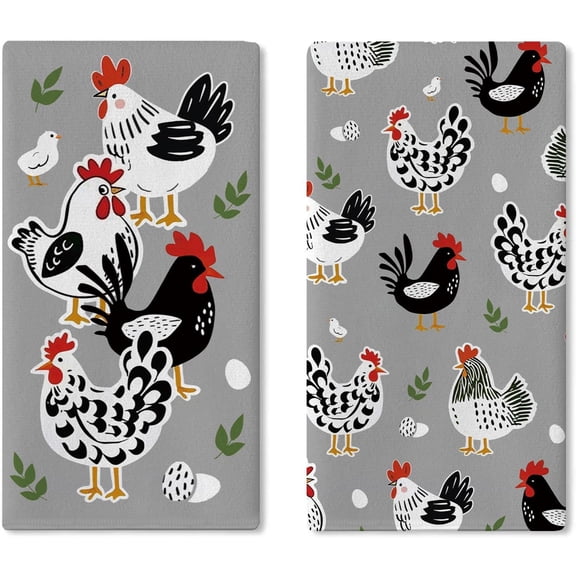 Farmhouse Chicken Kitchen Towels Set of 2, Grey Background Rooster Hen Egg Leaf Print Decorative Absorbent Dish Hand Tea Towels for Country Kitchen Home Decor 18X26in