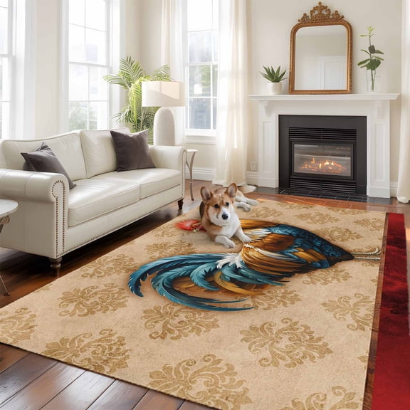 Farmhouse Chicken Large Area Rugs 6x9 ft Animal Rooster Retro Brown Floral Texture Washable Rug Non Slip Indoor Carpet Absorbent Floor Mat for Living Room Bedroom Dining Room