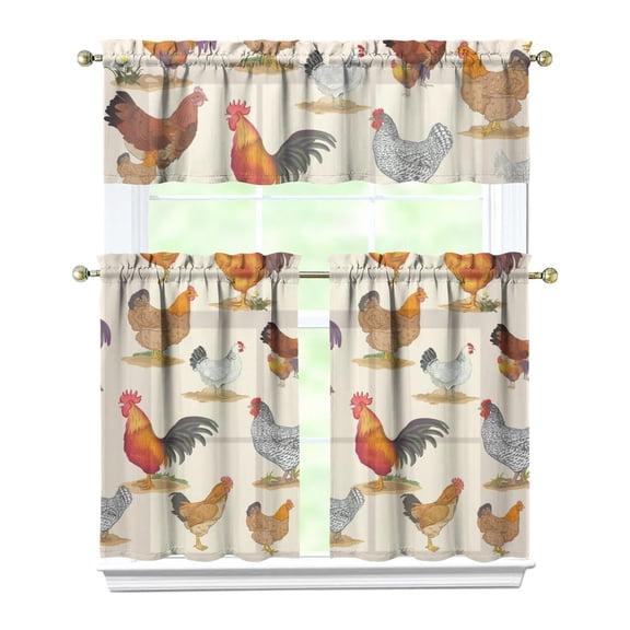 Farmhouse Chicken & Moon Print Kitchen Curtains - 3-PC Set with Valance, Semi-Sheer Rustic Window Treatment Panels