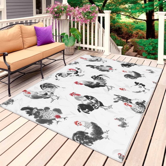 Farmhouse Chicken Outdoor Rug for Patio/Deck/Porch, Non-Slip Large Area Rug 3 x 5 Ft, Retro Pastoral Feathers Animal Indoor Outdoor Rugs Washable Area Rugs, Reversible Camping Rug Carpet Runner