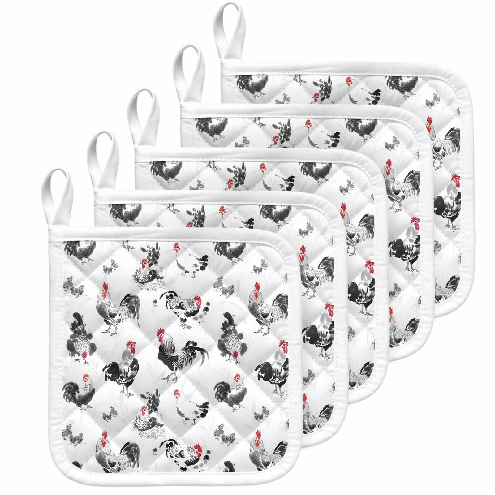 Farmhouse Chicken Pot Holders for Kitchen Heatproof Potholder, 5 Pack Retro Pastoral Feathers Animal Hot Pads Multipurpose Oven Pads Cloth Potholders Trivet for Cooking Baking