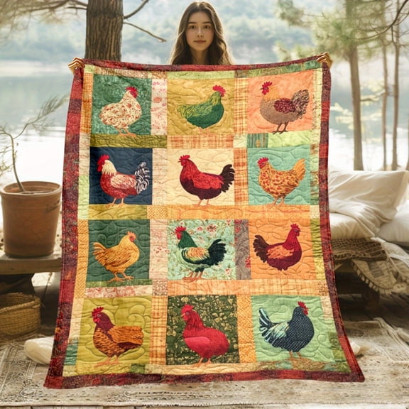 Farmhouse Chicken Print Quilt - Lightweight Flannel Blanket with Rooster & Hen Designs in Red, Yellow, Green, Brown, Black - All-Season Sofa, Bed, Camping Throw - Cozy Home Decor Gift for Adults