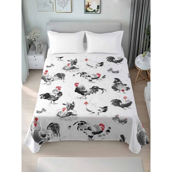 Farmhouse Chicken Queen Size Flat Sheet, Wrinkleproof & Fadeproof Cooling Flat Bed Sheet Only, Retro Pastoral Feathers Animal Breathable Soft Bedding Top Sheets 90 x 102 Inches