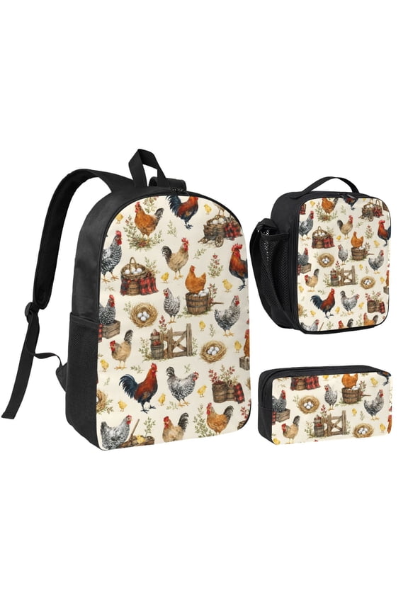 Farmhouse Chicken Rooster Backpack Set 3pc Including Backpack, Lunch Bag and Pen Bag Combination