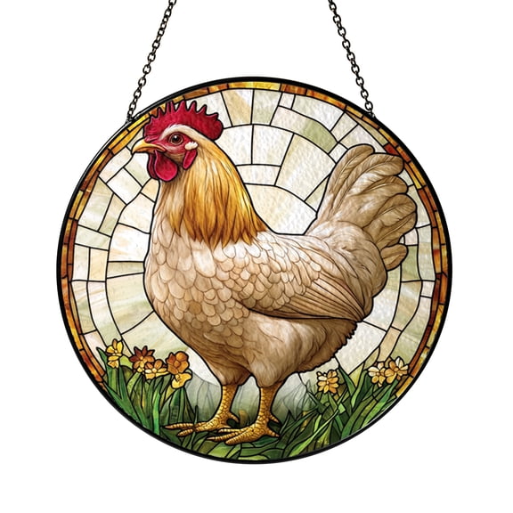 Farmhouse Chicken Rooster Suncatcher, Stained Glass Style Window Decor, Rustic Barnyard Animal Art Panel for Kitchen