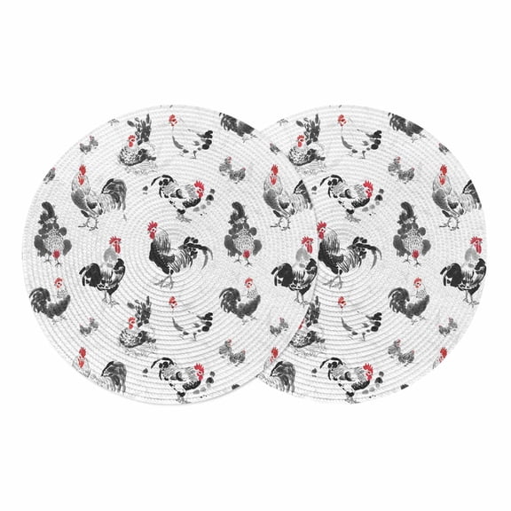 Farmhouse Chicken Round Placemats Set of 2 Retro Pastoral Feathers Animal Place Mats Indoor Woven Table Mats Washable Heat-Resistance Braided Dining Table Placemats for Kitchen Party Decor 13 Inch