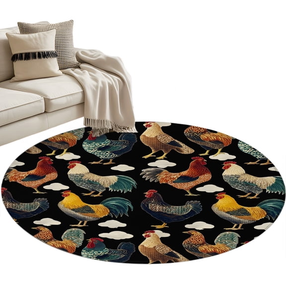 Farmhouse Chicken Round Rug 3ft Washable Circle Entryway Rugs Non Slip County Rooster Animals Rustic Black Area Rug Indoor Floor Carpet for Bedroom Kitchen Living Room Home Office Dining Room Nursery