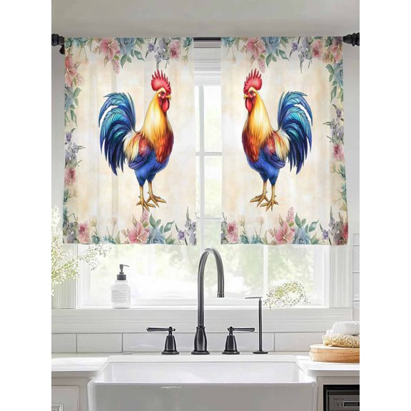 Farmhouse Chicken Sheer Curtains for Living Room Bedroom Watercolor Flowers Floral Farmhouse Sheer Curtains 54 Inch Long 2 Panels Set Light Filtering Curtain Window Treatments Drapes for Dining Room