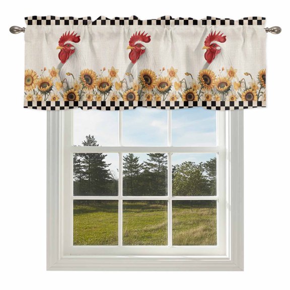 Farmhouse Chicken Sunflower Valances for Windows Retro Buffalo Plaid Farm Cock Rod Pocket Curtain Valance Window Treatment Short Curtains for Kitchen Living Room,54x18in