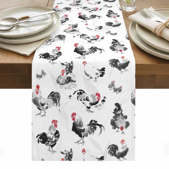 Farmhouse Chicken Table Runner - 36 Inch Long, Kitchen Dining Table Runner Dresser Scarves, Retro Pastoral Feathers Animal Farmhouse Decor for Coffee Tables Wedding Party Banquet