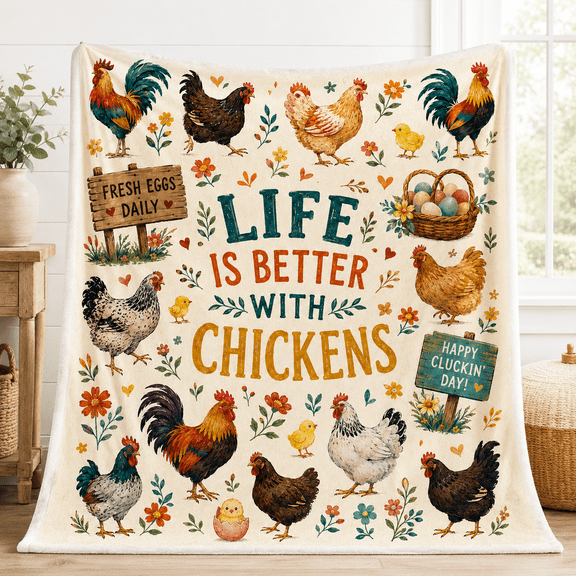 Farmhouse Chicken Throw Blanket, Soft Lightweight Flannel with Roosters Hens Chicks Eggs Flowers and Rustic Saying for Couch Bed Home Decor Gift, 30 x 40 in