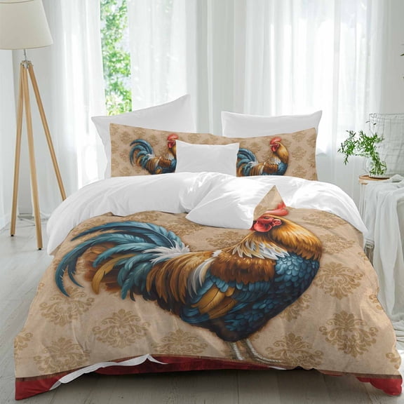 Farmhouse Chicken Twin Size Comforter Set, Animal Rooster Retro Brown Floral Texture Bedding for All Seasons, 4 Pcs Bed Set, 1 Quiltcover (68"x86") ,1Sheet(67"x116"), 2Pillowcases (30"x20")