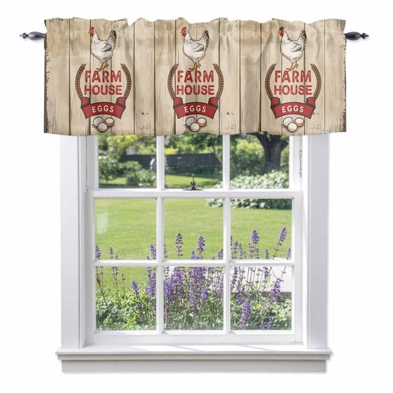 Farmhouse Chicken Valance Curtain for Windows Country Retro Farm Barn Eggs Wood Grain Rod Pocket Curtain Valances Short Window Treatments Panels for Kitchen Bathroom Laundry Basement 60 x 14 Inch