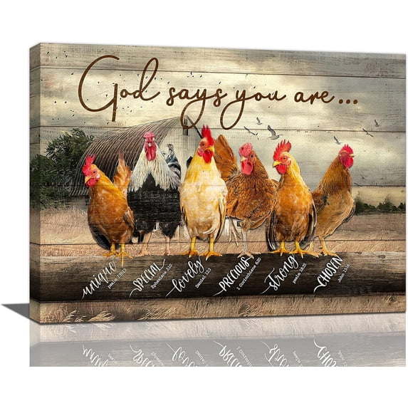 Farmhouse Chicken Wall Art Country Rooster God Says You Are Wall Decor Vintage Barn Picture Canvas Prints Framed Modern Artwork For Home Living Room Bedroom Bathroom Kitchen 16"x12"